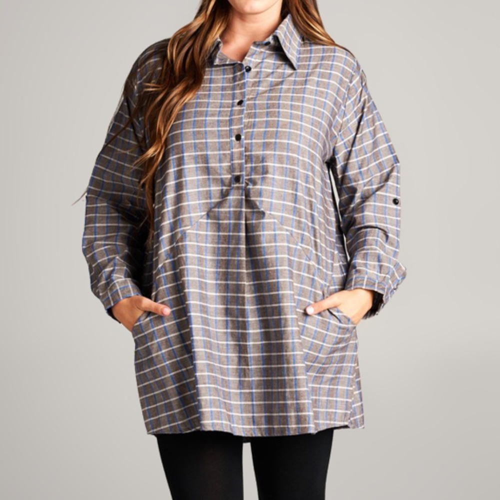 VELZERA Gray Windowpane Henley Tunic- S